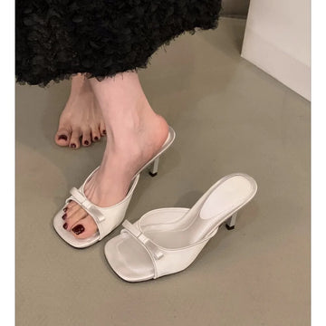 Xajzpa New Women's Slipper Mules Low High Heels Shoes Summer Best Street Look Females Square Head Open Toe Bow Strappy Sandals
